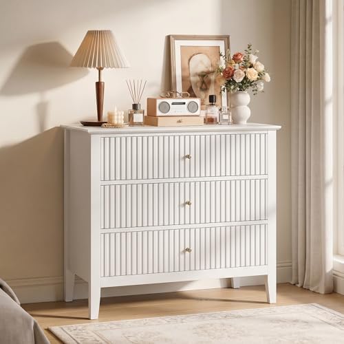 RoyalCraft White Fluted 3 Drawer Dresser, 32 inch Wide Dresser Nightstand for Bedroom, Modern Wood Chest of Drawers, Large Painted Nightstand with 3 Drawers for Closet, Hallway, Entryway by Bringyoubetterlife