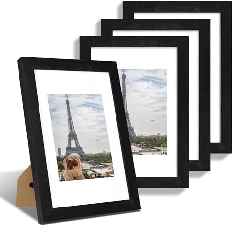 Hongkee 8x12 Picture Frame Set of 4, Made of Glass and Rustic Black Wooden Frame - Display 6x8 Picture with Mat or 8 x 12Poster Without Mat, 8 by 12 Photo for Wall or Tabletop by Hongkee