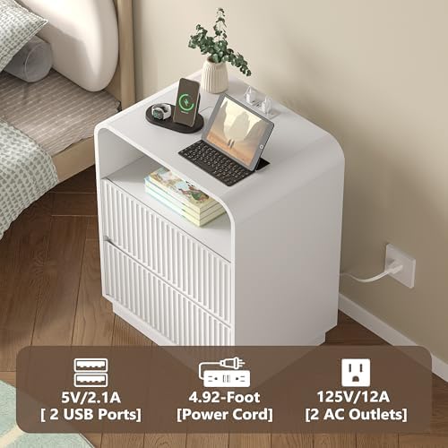 BORNOON Dresser with 2 Drawers and Charging Station, Fluted Bedside Table with Round Curved Corner, Hidden Handles, 2 AC Outlets and 2 USB Ports, Modern Wood End Table with Open Shelf for Bedroom - Image 4