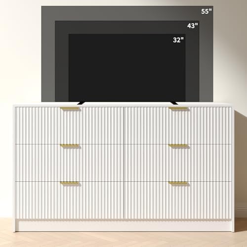 White Dresser with 6 Drawer 55" Wide Fluted Dresser for Bedroom丨Modern Chest of Drawer with Metal Handles, Wood TV Stand for Bedroom, Living Room, Entryway, Hallway, White - Image 6