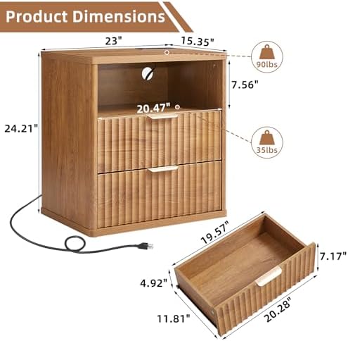 LEYAOYAO Fluted Nightstand Set of 2 with Charging Station,23" Modern Nightstand with Woodgrain Top, 2 Drawer End Table w/Storage, BedsideTables for Bedroom, Living Room, Curved Profile,Brown - Image 3