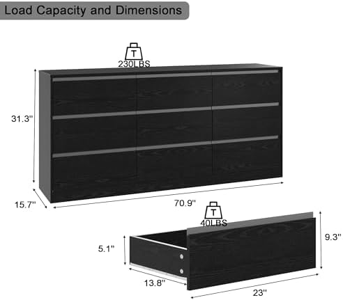 Bobve 70.9” Dresser for Bedroom with 9 Drawers, Large Modern Chest of Drawers with Deep Drawers, Wide Double Dresser Handle Free, Storage Organizer for Bedroom, Living Room, Hallway (Black) - Image 2