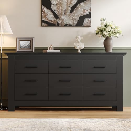9 Drawer Dresser for Bedroom, Wood Triple Wide Dressers with Metal Handle, Dresser Chests of Drawers, Vintage Design Storage Chest Cabinet and Organizer Drawers for Closet, Hallway, Entryway, Black - Image 5