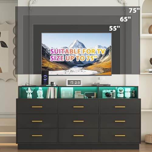 knoworld Black 9 Drawer Dressers for Bedroom, Modern Large Dresser with LED Light and Power Outlet, Wooden Long Dressers, Triple Dresser for Bedroom, Entryway, Hallway - Image 5