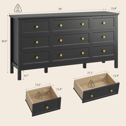 CARPETNAL 59" Black Dresser for Bedroom with 9 Drawer & Modern Gold Handles - Image 3