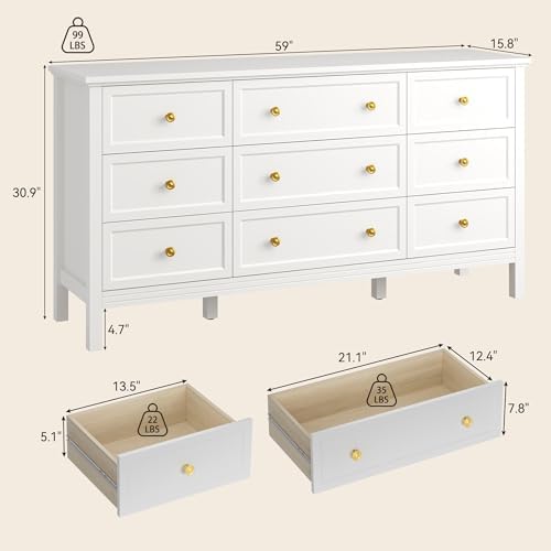 CARPETNAL 59" White Dresser for Bedroom with 9 Drawer & Modern Gold Handles - Image 3