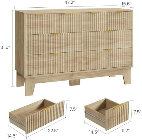 GarveeHome 47" Wide Fluted 8 Drawers Dresser, Oak - Image 2