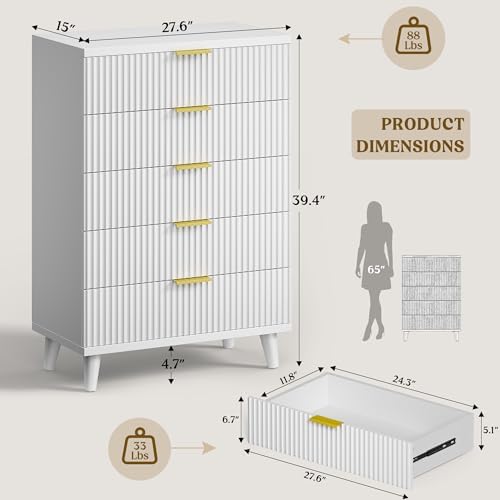 Wood Tall 5 Drawers Dresser, 27.6" W Fluted Modern Dressers for Bedroom - Image 2