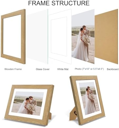 Hongkee 7x10 Picture Frame Set of 4, Made of Real Glass and Natural Oak Frame - Display 5.5 x 8.5 Diploma Frame with Mat or 7x10 Without Mat, 7 by 10 Photo for Wall or Tabletop - Image 3