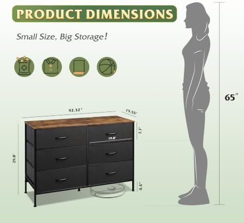 WLIVE Dresser for Bedroom with 6 Fabric Drawers, Black and Rustic Brown - Image 3