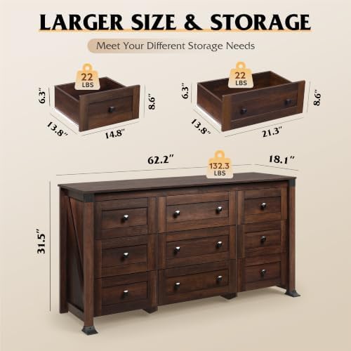 WLIVE Brown Dresser for Bedroom, 9 Drawer Wooden Chest of Drawers with SGS-Tested Anti-Tip Design, 62 Inch Wide Rustic Dresser TV Stand for Living Room, Hallway and Closet, Large Storage Cabinet - Image 2