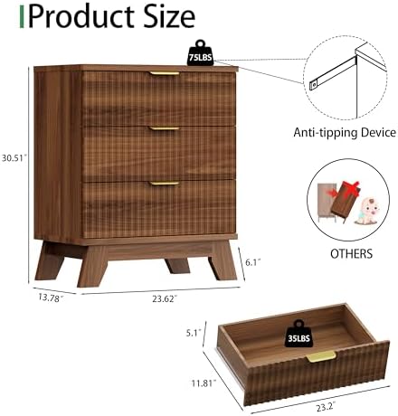 Xixini Fluted Nightstand with 3 Drawers, 24" Wide Side Table, Walnut - Image 2