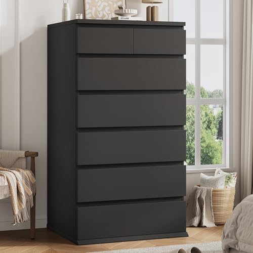 Black Tall 7 Drawer Dresser for Bedroom, Modern Wood Closet Dressers & Chests of Drawers with Jewelry Storage, 23.6" L*15.8" W*47.5" H in Large Vertical Dresser for Bedroom, Living Room, Nursery by JOCOEVOL