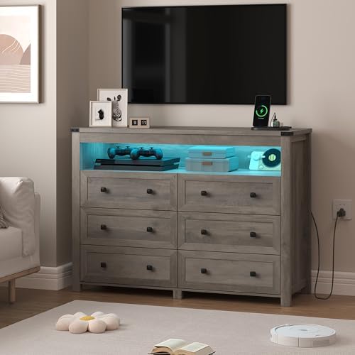 Wodeer Grey Dresser 6 Drawer Dressers for Bedroom with LED Lights, Charging Station, Wood Chest of Drawers with Metal Handles, Modern TV Stand Storage Cabinet for Living Room, Hallway, Entryway, Gray by WODEER