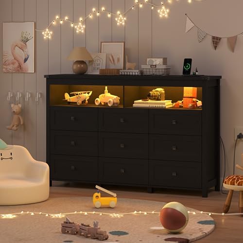 Wodeer 9 Drawer Dresser for Bedroom with LED Lights, Charging Station, Wood Chest of Drawers with Metal Handles, Modern TV Stand & Storage Organizer for Living Room, Hallway, Black - Image 4