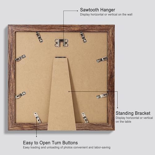 Hongkee 10x10 Picture Frame Set of 4, Made of Glass and Rustic Brown Wooden Frame - Display Picture 8x8 with Mat or 10 x 10 Without Mat, 10 by 10 Photo for Wall or Tabletop - Image 3