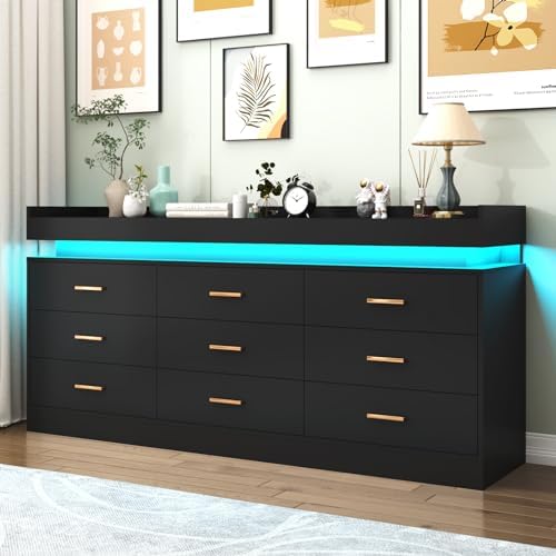 Hlivelood 9 Drawer Dresser with LED Light and Charging Station, Modern Chest of Drawers for Closet, Wide Drawer Organizer Cabinet for Bedroom, Living Room, Entryway, Hallway(9 Drawer Black) by Hlivelood