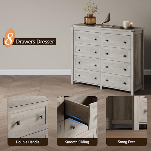 Xixini 47.2" Wide 8-Drawer Farmhouse Dresser for Bedroom, Light Grey - Image 5