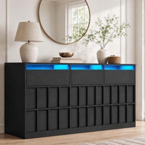 Fluted 9 Drawer Dresser for Bedroom,63" Wide Chest of Drawers w/LED Lights by Gyfimoie