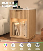Akxomel Fluted Nightstand Bedside Table with Charging Station Oak - Image 6