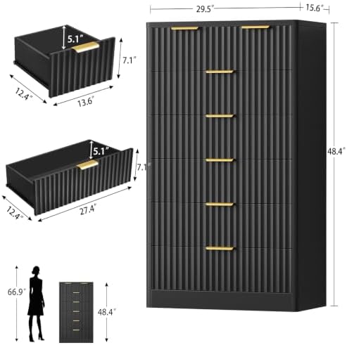 TEENOFN Fluted Dresser for Bedroom with 7 Drawers, 48" Tall Modern Chest of Drawers with Metal Handle, Wooden Dresser TV Stand, Wood Closet Clothes Storage Organizer for Living Room, Hallway, Black - Image 2