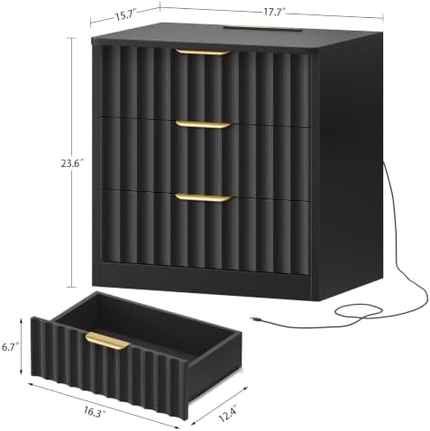 TEENFON Fluted Nightstands Set of 2, Night Stand with Charging Station and LED Light, Nightstand with 3 Storage Drawers, Bedside Table for Small Space, Bedroom, Black - Image 3