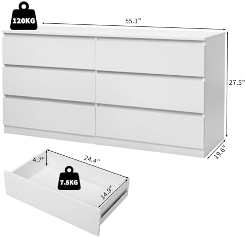 Karl home White 55-Inch 6 Drawer Modern Dresser, Bedroom Storage Chest - Image 3