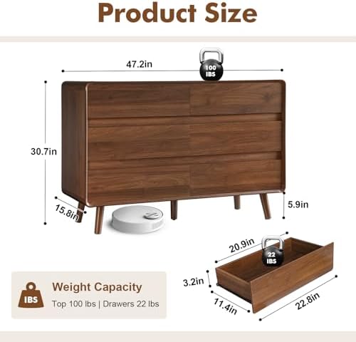 Nasonet 6 Drawer Dresser for Bedroom, 47'' Wide Mid Century Modern Dressers & Chests of Drawers, Wood Storage Drawer Dressers for Hallway, Home Office, Walnut - Image 2