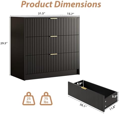 MAISONARIA Black Fluted Dresser for Bedroom, 32 Inch Wide Nightstand with Large Drawer, 3 Drawer End Table for Bedroom, Living Rooms, Offices, and Entryways - Image 2