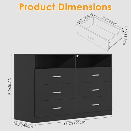 Bigbiglife 6 Drawers Dresser for Bedroom with Open Storage Cubby, Double Wide Dresser Organizer for Bedroom, Living Room, Entryway, Hallway (Black) - Image 3