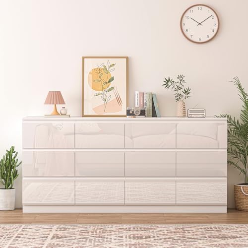 12 Drawers Dresser with Charging Station, Modern Large Dresser with 12 Handle Free Drawers, Wood Chest of Drawers for Bedroom, Living Room, Entryway, Hallway, White - Image 3