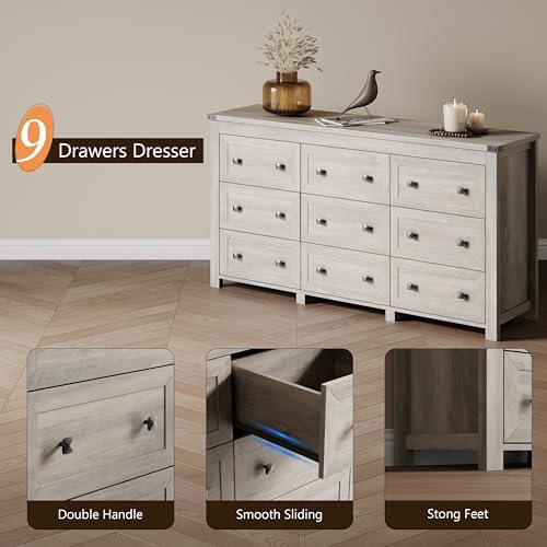 Xixini 59.1" Wide 9-Drawer Farmhouse Dresser for Bedroom, Light Grey - Image 5