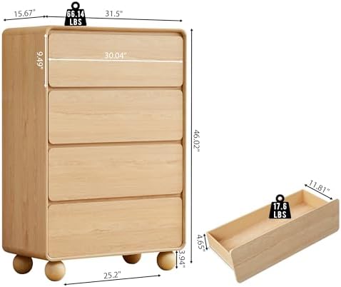 46" Tall Wooden 4 Drawer Dresser for Bedroom,Modern Chest of Drawer,Natural - Image 2