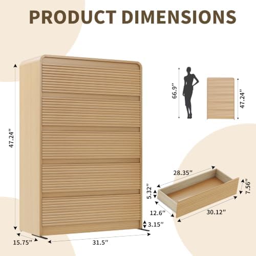 Oak Fluted 5 Drawer Dresser for Bedroom,47" Tall Modern Chest of Drawer - Image 2