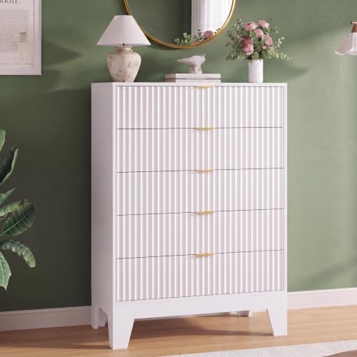 5 Drawer Dresser for Bedroom, 47" Tall Fluted Chest of Drawers, White by Garvee