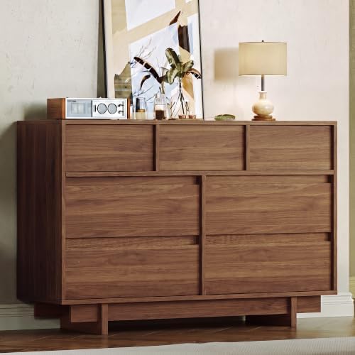 HOUROM Walnut Dresser for Bedroom, 51in Modern 7 Drawer Chest of Drawers by HOUROMDresserforBedroom