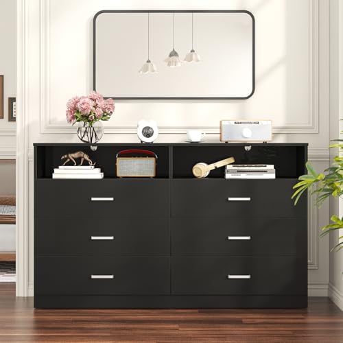 Bigbiglife 6 Drawers Dresser for Bedroom with Open Storage Cubby, Double Wide Dresser Organizer for Bedroom, Living Room, Entryway, Hallway (Black) - Image 2