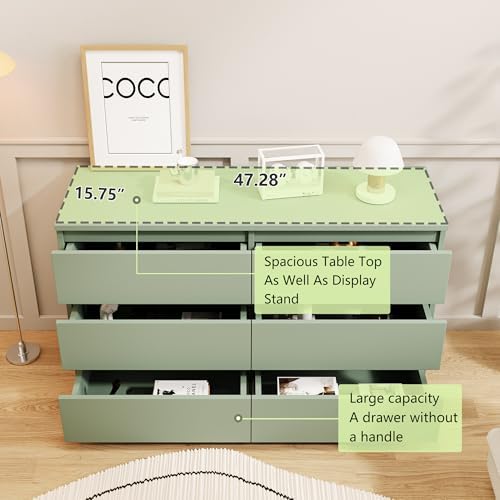 Vibe & Dine 6 Drawer Double Dresser, Modern Chest of Drawers with Wide Storage for Closet, Bedroom, Living Room (Light Green) - Image 5
