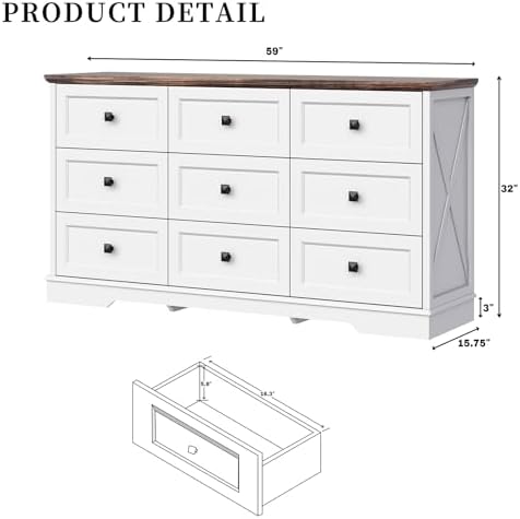 Farmhouse 9 Drawers Dresser Chests for Bedroom, White 9 Drawers TV Stand - Image 2