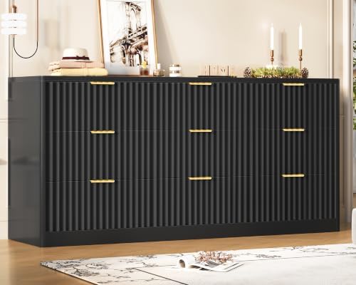 TEENFON Fluted Dresser for Bedroom with 9 Drawers, 63" Wide Modern Chest of Drawers with Metal Handle & Curved Profile Design, Wood Closet Clothes Storage Organizer for Living Room, Hallway, Black by TEENFON