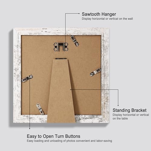 Hongkee 8x8 Picture Frames Set of 4, Made of Glass and Distressed White Wooden Frame - Display Picture 6x6 with Mat or 8 x 8 Without Mat, 8 by 8 Photo for Wall or Tabletop - Image 3