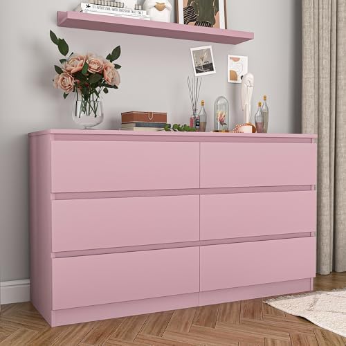 VERYKE Pink 6 Drawer Dresser for Bedroom,Chest of Drawers with No-Handle Design for Closet,Modern Wood Dresser Bedroom Storage Furniture - Image 6