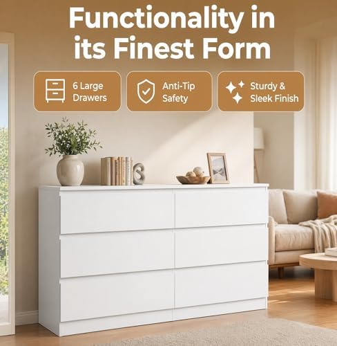 White Dresser for Bedroom, 48'' Modern Large 6 Drawer Dresser with Deep Drawer,Wide Storage Chest of Drawers,Bedroom Storage Furniture, TV Stand for Living Room - Image 3