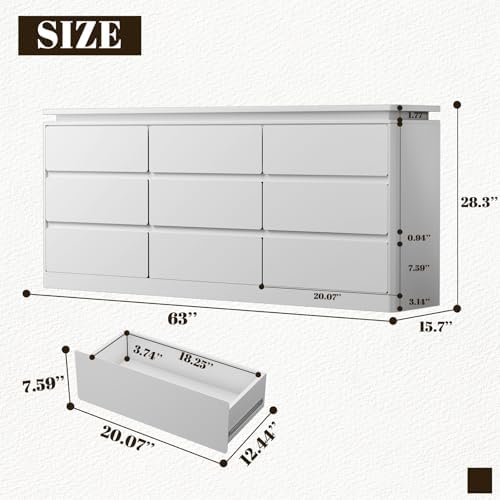 9 Drawer Dresser for Bedroom, 63" Long White Chest of Drawers w/LED Lights - Image 2