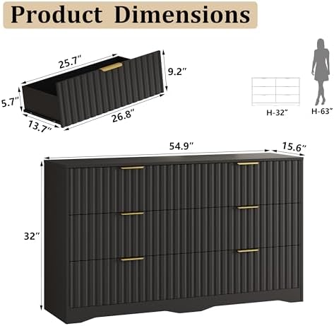 Fluted 6 Drawers Dresser for Bedroom, 55" Wide Wood Dressers, Black - Image 2