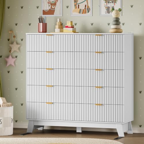 BORNOON 46" Tall Dresser for Bedroom, 10-Drawer Fluted Chest of Drawers, Modern Wood Highboy with Metal Slides and Handles, Anti-Tip Kit, Vertical Clothes Storage Organizer for Apartment, Closet - Image 6