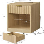 TEENFON Fluted Nightstands Set of 2, Bed Side Table with Charging Station and LED Light, Night Stand with Storage Drawer and Open Shelf, End Table for Small Space, Bedroom, Natural - Image 3
