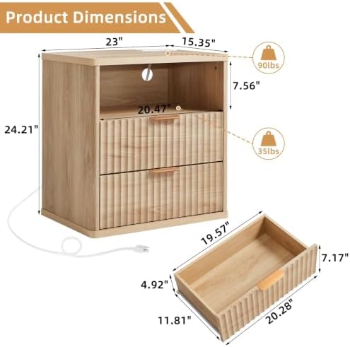 LEYAOYAO Fluted Nightstand Set of 2 with Charging Station,23" Modern Nightstand with Wood Grain Top, 2 Drawer End Table w/Storage, BedsideTable for Bedroom, Living Room, Natural - Image 3