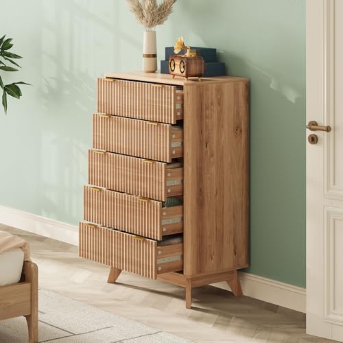 43" Hight Fluted 5 Drawers Dresser for Bedroom,Curved Edge,Oak - Image 3
