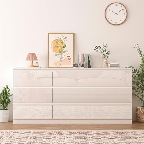 70 INCH 9 Drawers Dresser with Charging Station, Modern Large Dresser with 9 Handle Free Drawers, Wood Storage Chest of Drawers for Bedroom, Living Room, Entryway, Hallway, White - Image 7